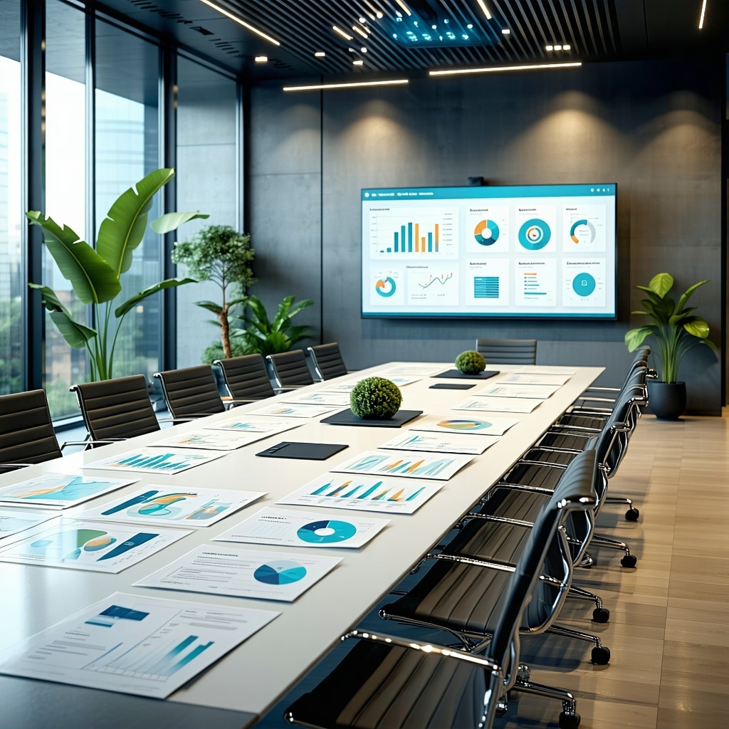 The image depicts a sleek modern office environment bathed in natural light with a large conference table at the center surrounded by stylish ergonomic chairs On the table various documents are neatly spread out highlighting Environmental Product Dec-1